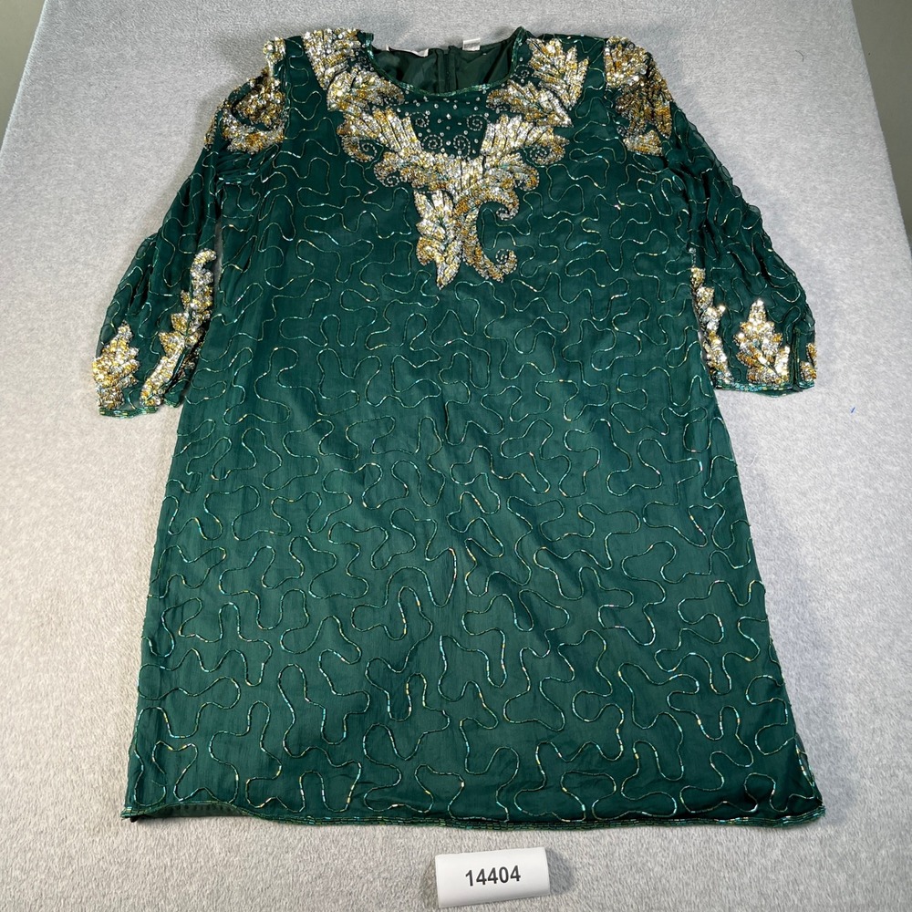 Laurence Kazar Tunic Dress Womens 2X Green Silk Beaded Scoop Neck Back Zipper